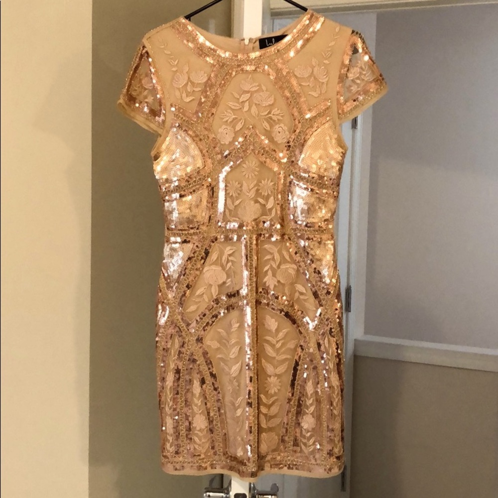 Lulus Rose Gold Sequin Embroidered Bodycon Dress
